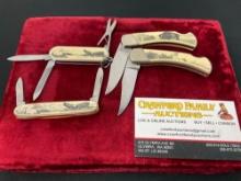4x Barlow Knives w/ Engraved Scrimshaw Handles, Eagle, Puma & Bison Scenes