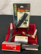 Trio of Schrade Modern Folding Pocket Knives, Land Shark, Lightweight Lockback, Apex