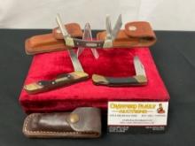 Trio of Folding Pocket Knives, Buck 703 Stockman, Schrade Old Timer 19OT, Japanese Buck Clone