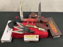 Folding Double Knife w/ Bone Handle BH002, Antler Handle Skinner, 3x throwing Knives w/ sheath