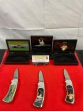 3 pcs Collectible Folding Pocket Knives w/ Boxes Models KB6218, KB6215, KB18772. NIB. See pics.