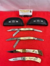 4 pcs Vintage Steel Folding Blade Pocket Knife Assortment. 3x Schrade Scrimshaw, 1x MB407. See pi...