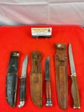 3 pcs Vintage Steel Fixed Blade Hunting Knives w/ Sheathes. 2x Remington, 1x Sharp DF 60. See pics.