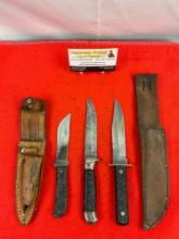 3 pcs Vintage Imperial Steel Fixed Blade Hunting Knives & 2 Leather Sheathes. 1x Bone Handle, 2x