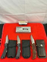 3 pcs Vintage Maxam Steel Folding Blade Hunting Knives Models 2x SKMX102 & 1x Nighthawk V. See pi...