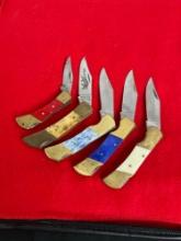 Collection of 5x Folding Blade Pocket Knives w/ Brass & Resin Handles - See pics