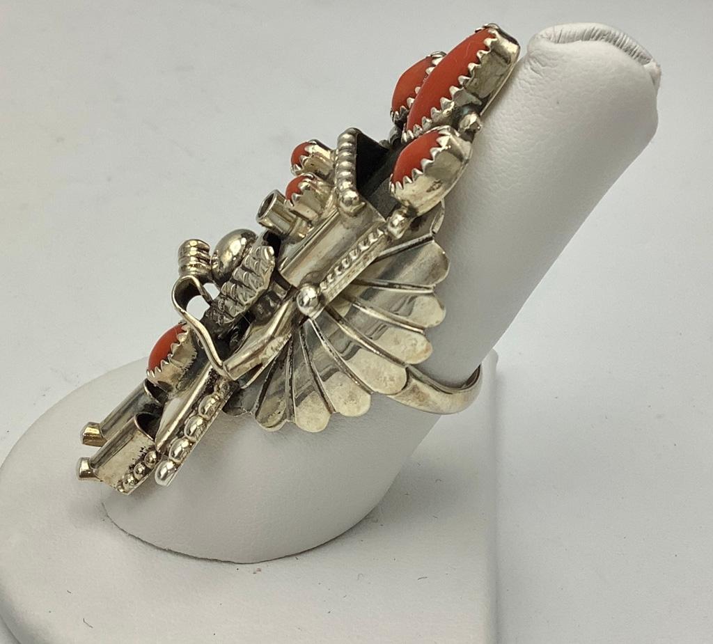 Native American Large Coral & Sterling Signed Kachina Ring - Size 7½ (0.55