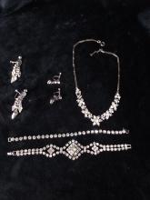 Faux Costume Rhinestone Necklace, Bracelets, Clip Earrings