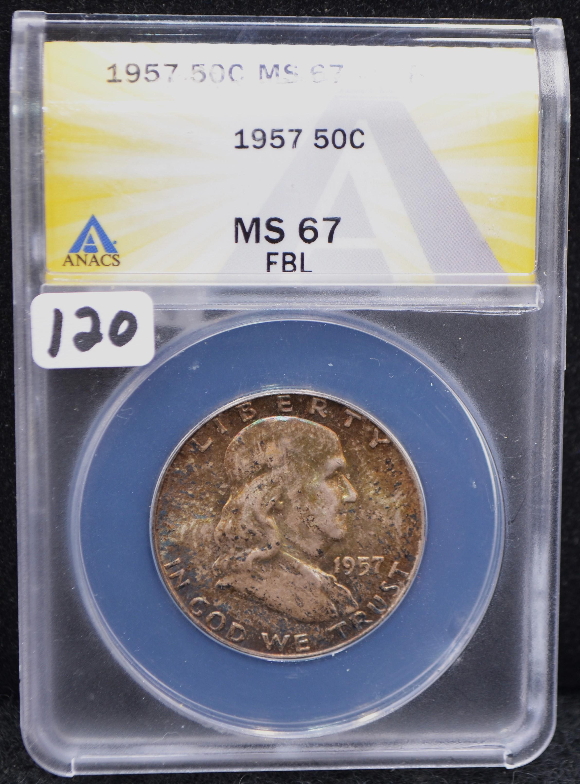 BEAUTIFULLY TONED 1957 FRANKLIN HALF ANACS MS67FBL