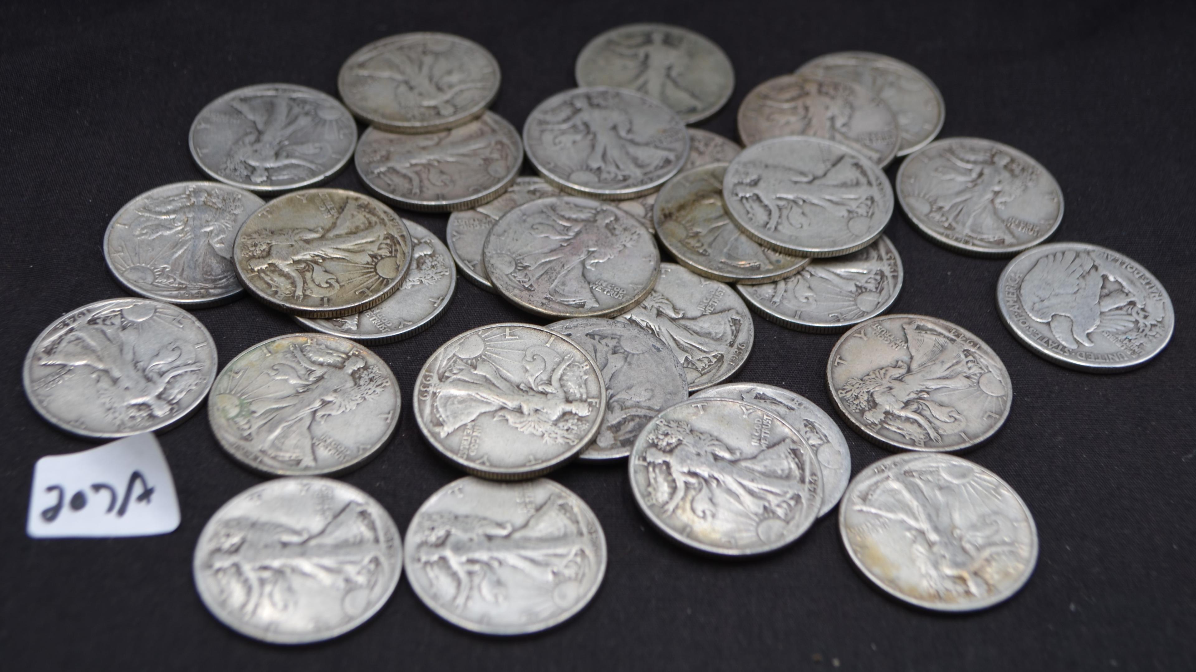 39 MIXED DATE & MINT WALKING LIBERTY HALF DOLLARS