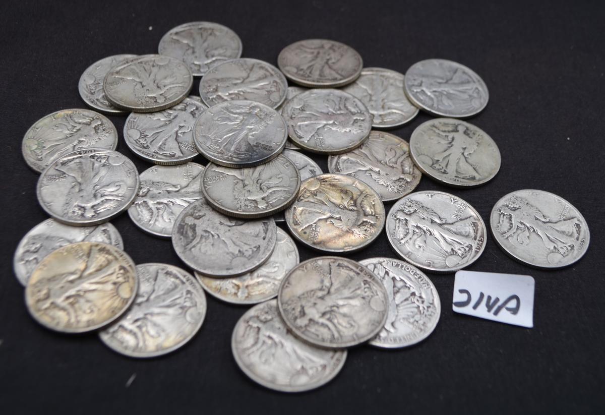 30 MIXED DATE & MINT WALKING LIBERTY HALF DOLLARS