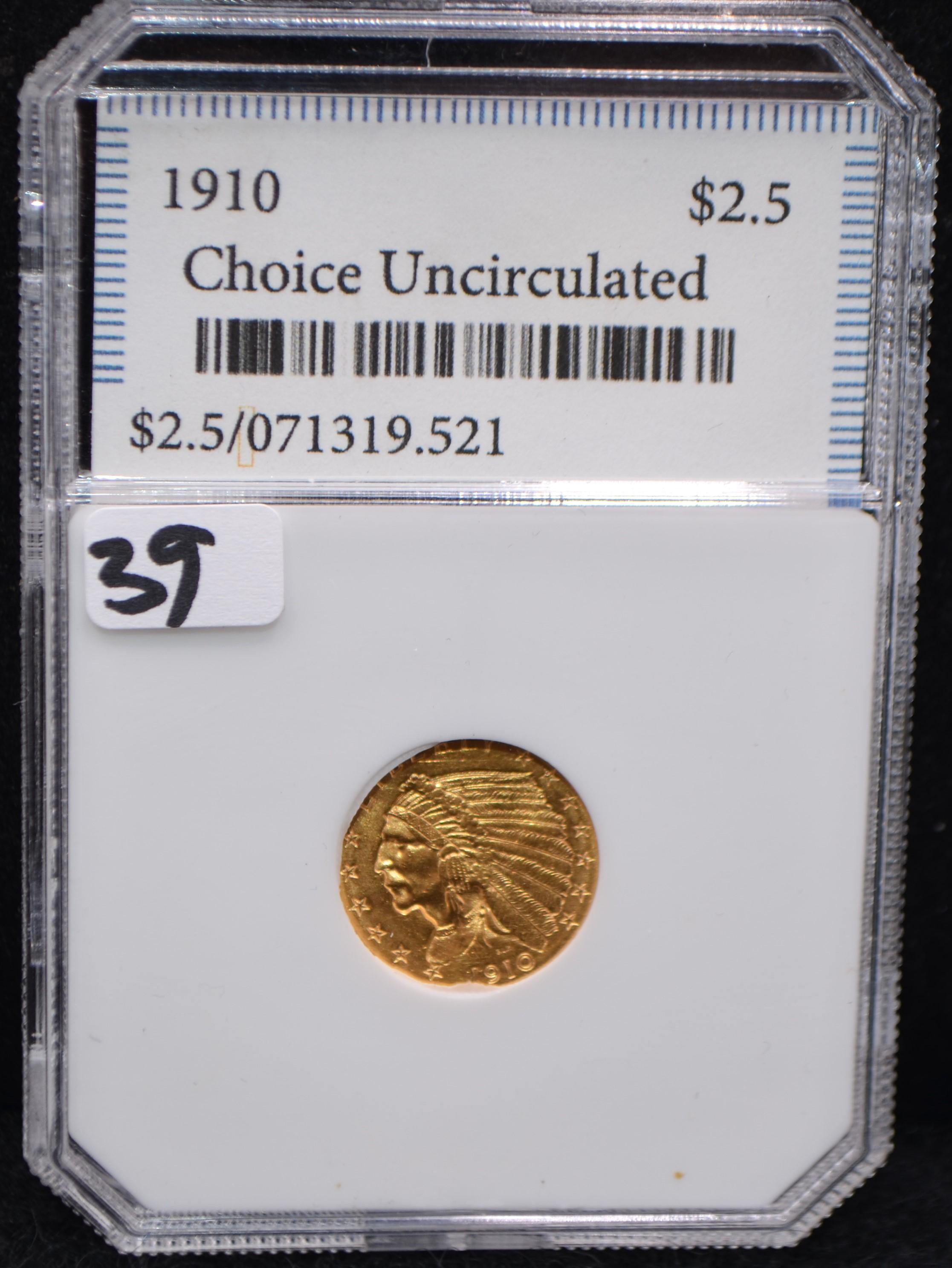 HIGH GRADE 1910 $2 1/2 INDIAN HEAD GOLD COIN