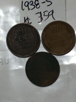 (3) Lincoln Wheat Cent 1938 P, D, & S