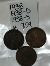 (3) Lincoln Wheat Cent 1938 P, D, & S