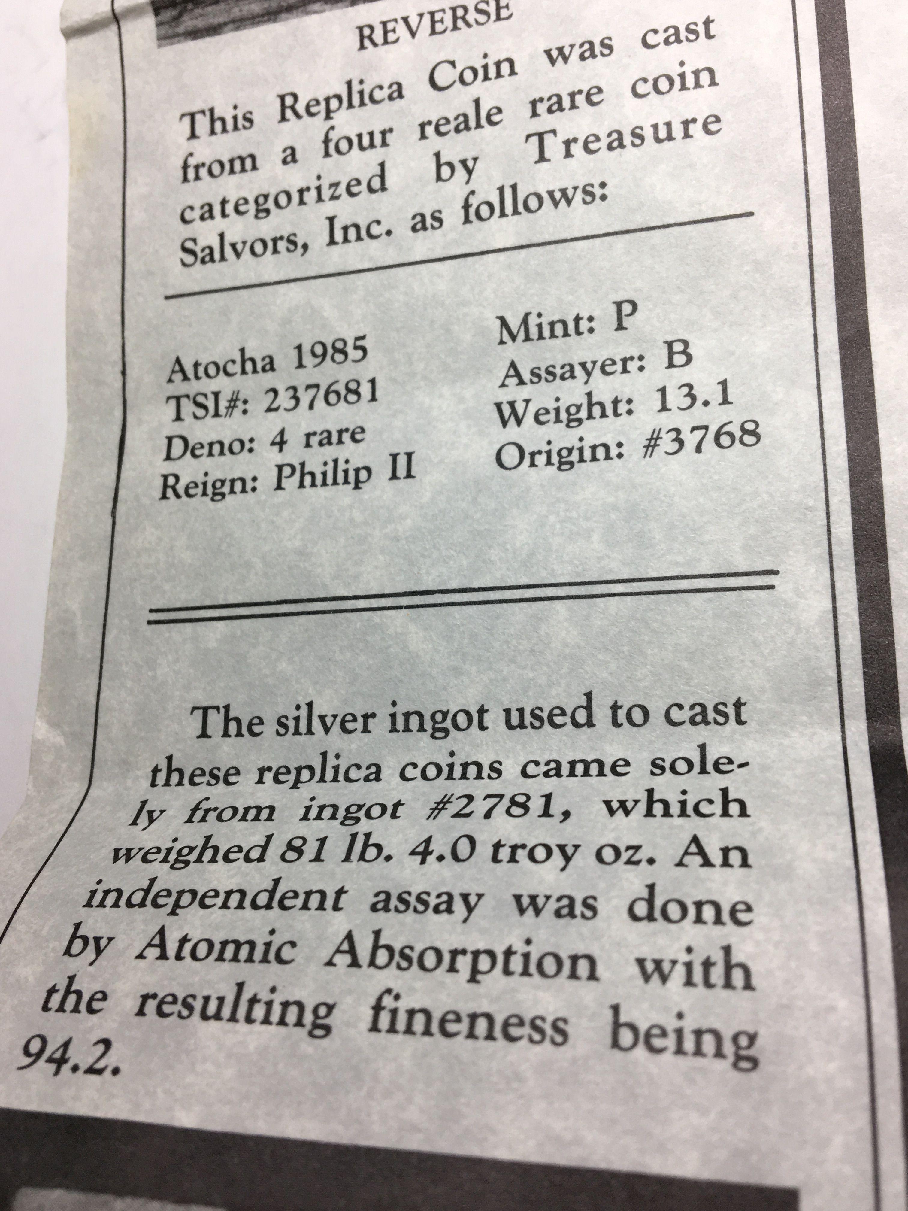 Atocha Shipwreck 90% Silver Coin Replica Made From The Sunken Treasure 8+ Grams With C O A