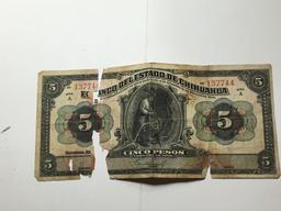 Antique 1920s Banco De Mexico Large 5 Pesos Note Chihuahua