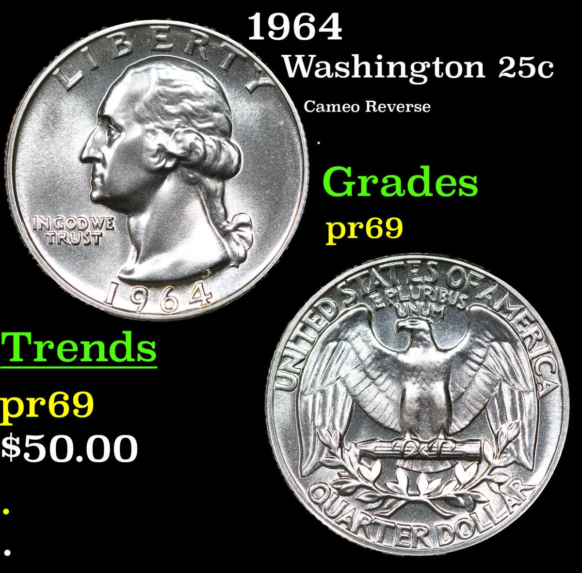 Proof 1964 Washington Quarter 25c Grades GEM++ Proof