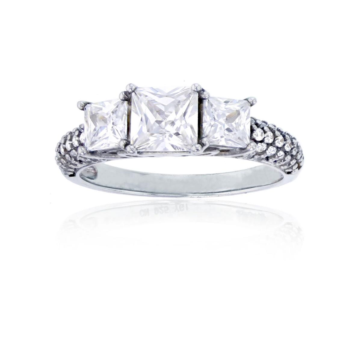 Decadence Sterling Silver 5.5mm Princess Cut 3 Stone Pave Engagement Ring With 4x4mm Princess Cut Si