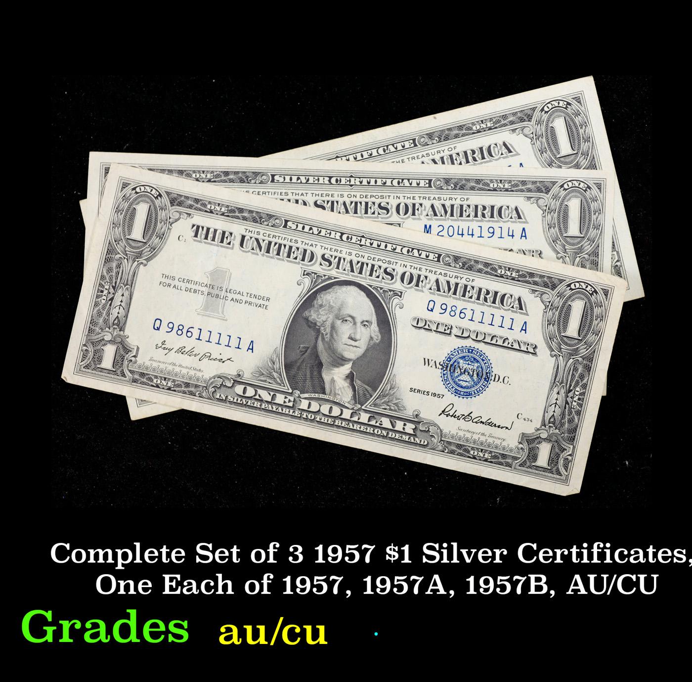 Complete Set of 3 1957 $1 Silver Certificates, One Each of 1957, 1957A, 1957B, AU/CU $1 Blue Seal Si