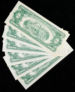 Lot of 6 Consecutive 1963 $2 United States Notes, All CU! $2 Red Seal United States Note Graded cu