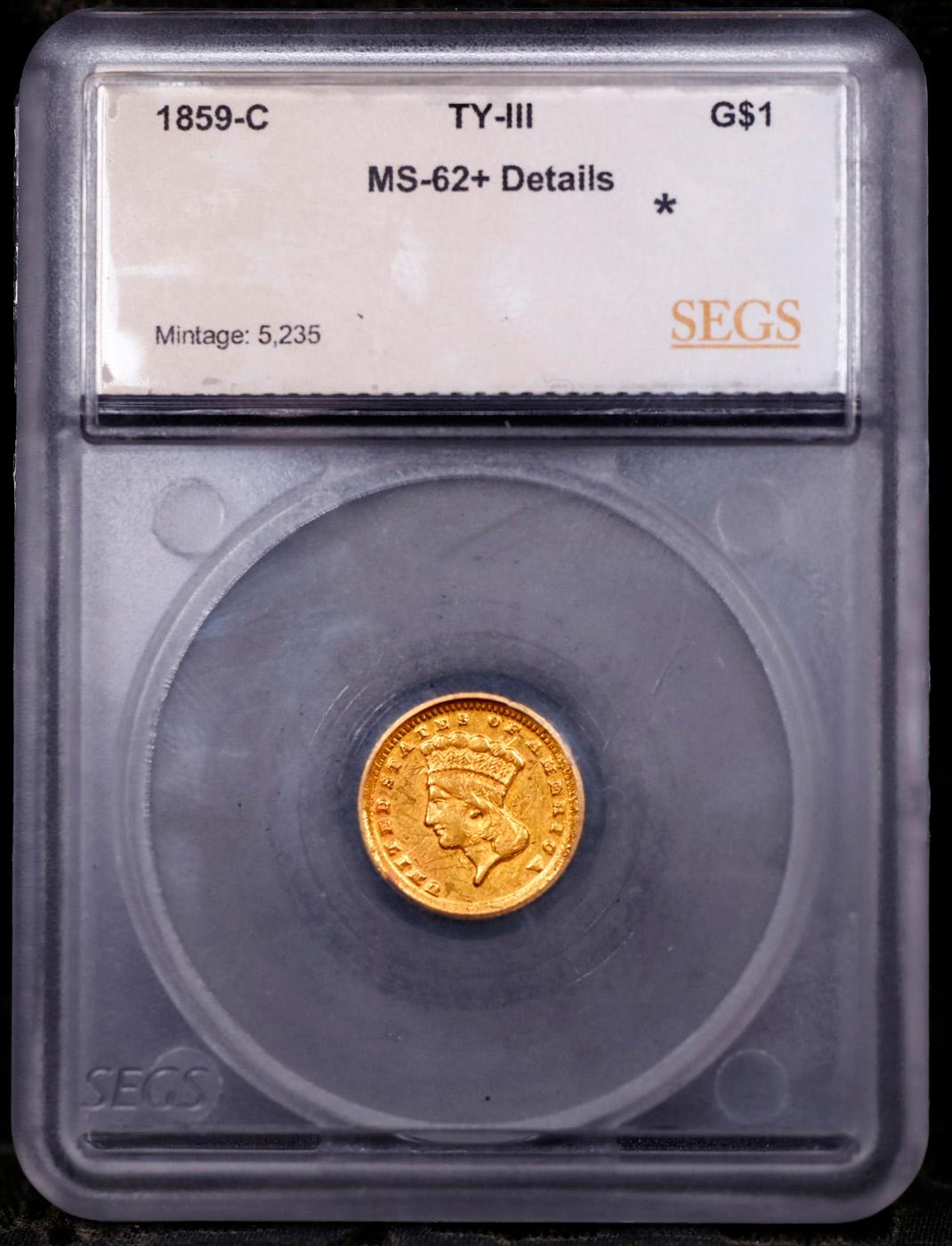 ***Auction Highlight*** 1859-c Gold Dollar Charlotte TY-III $1 Graded ms62+ details By SEGS (fc)