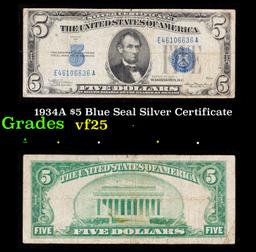 1934A $5 Blue Seal Silver Certificate Grades vf+