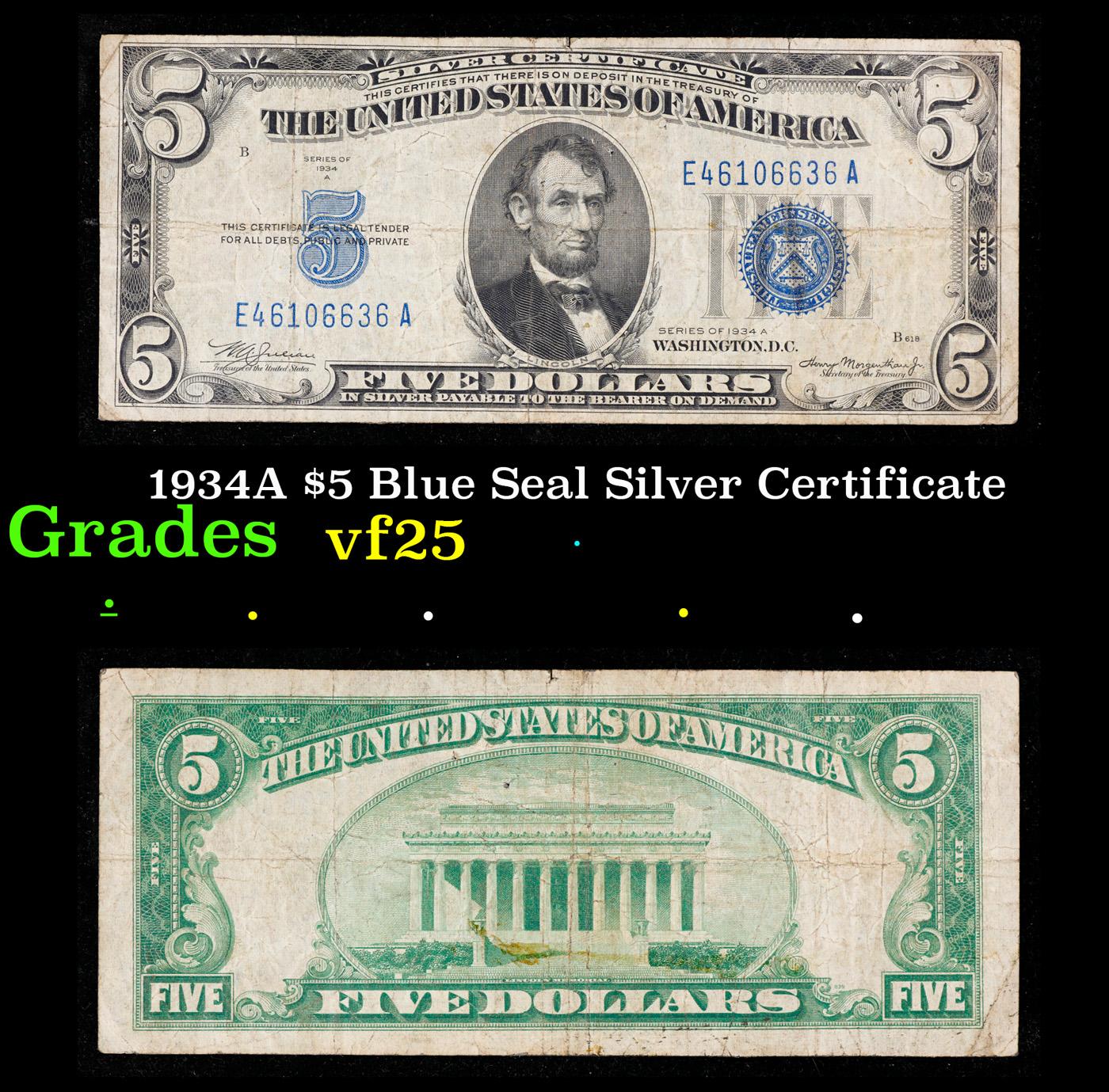 1934A $5 Blue Seal Silver Certificate Grades vf+