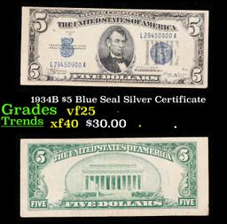 1934B $5 Blue Seal Silver Certificate Grades vf+