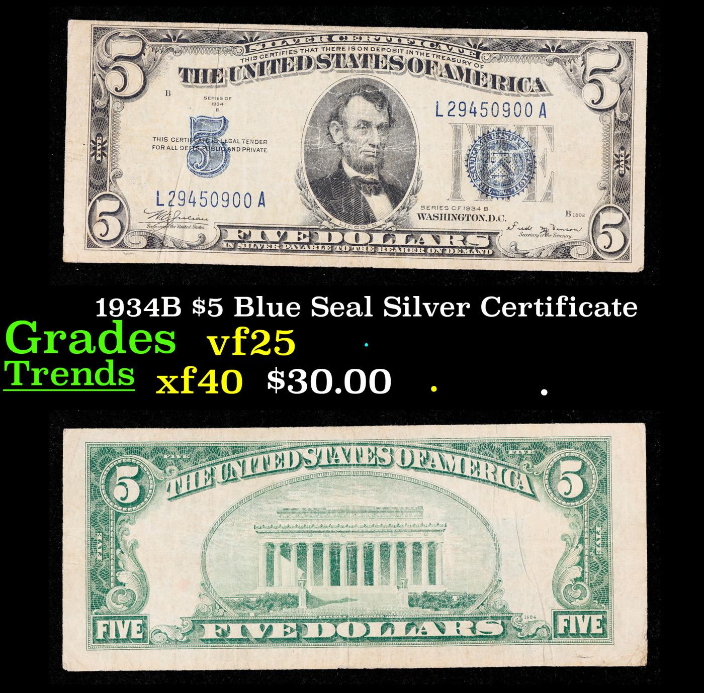 1934B $5 Blue Seal Silver Certificate Grades vf+