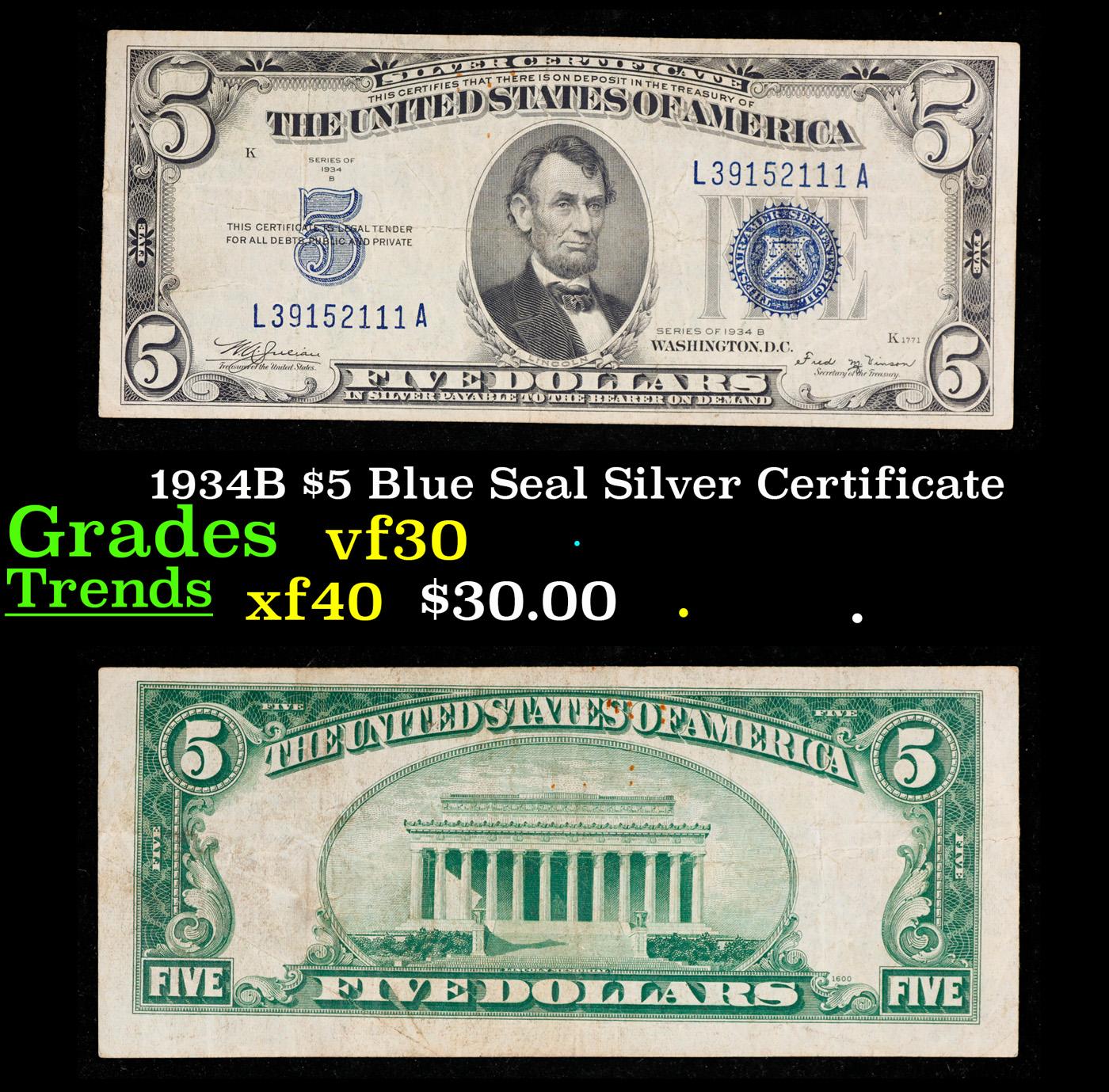 1934B $5 Blue Seal Silver Certificate Grades vf++