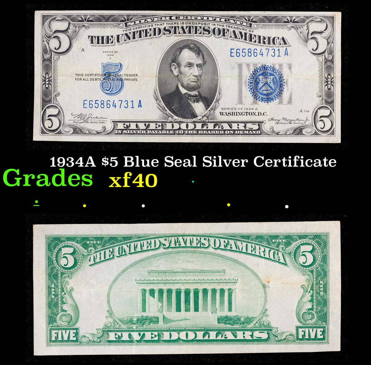 1934A $5 Blue Seal Silver Certificate Grades xf