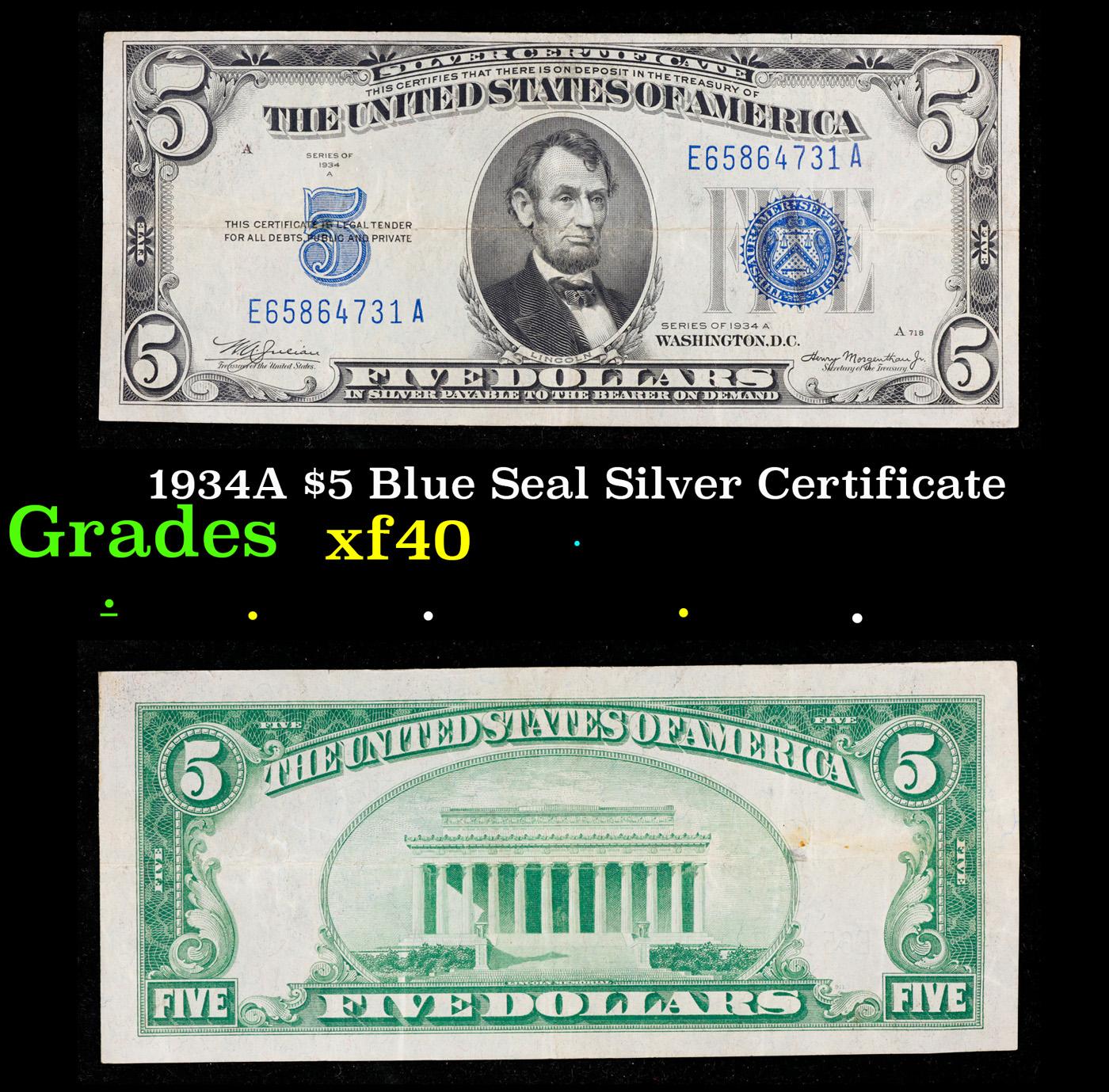 1934A $5 Blue Seal Silver Certificate Grades xf