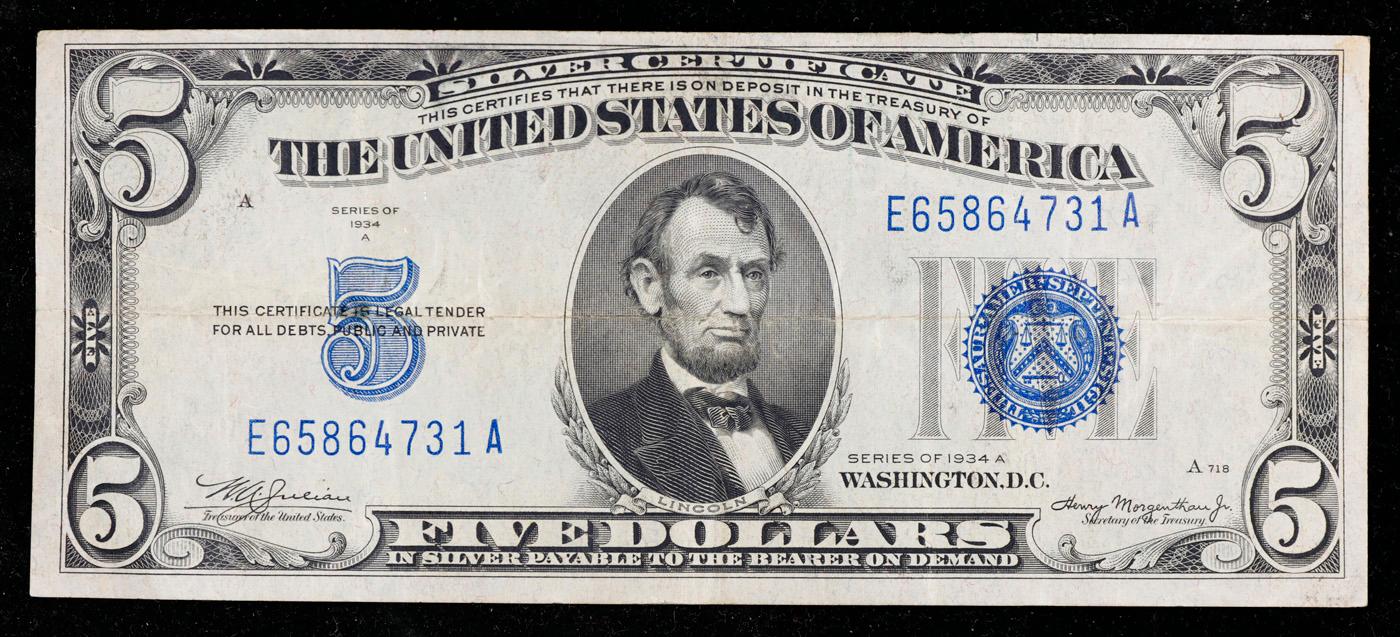 1934A $5 Blue Seal Silver Certificate Grades xf