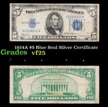 1934A $5 Blue Seal Silver Certificate Grades vf+