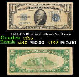 1934 $10 Blue Seal Silver Certificate Grades vf++