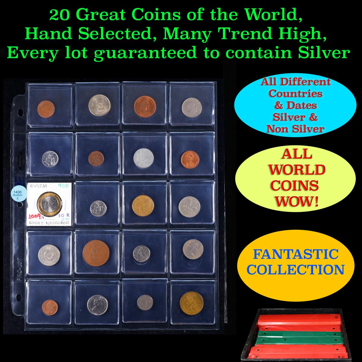 20 Great Coins of the World, hand selected, many trend high, every lot guaranteed to contain Silver.