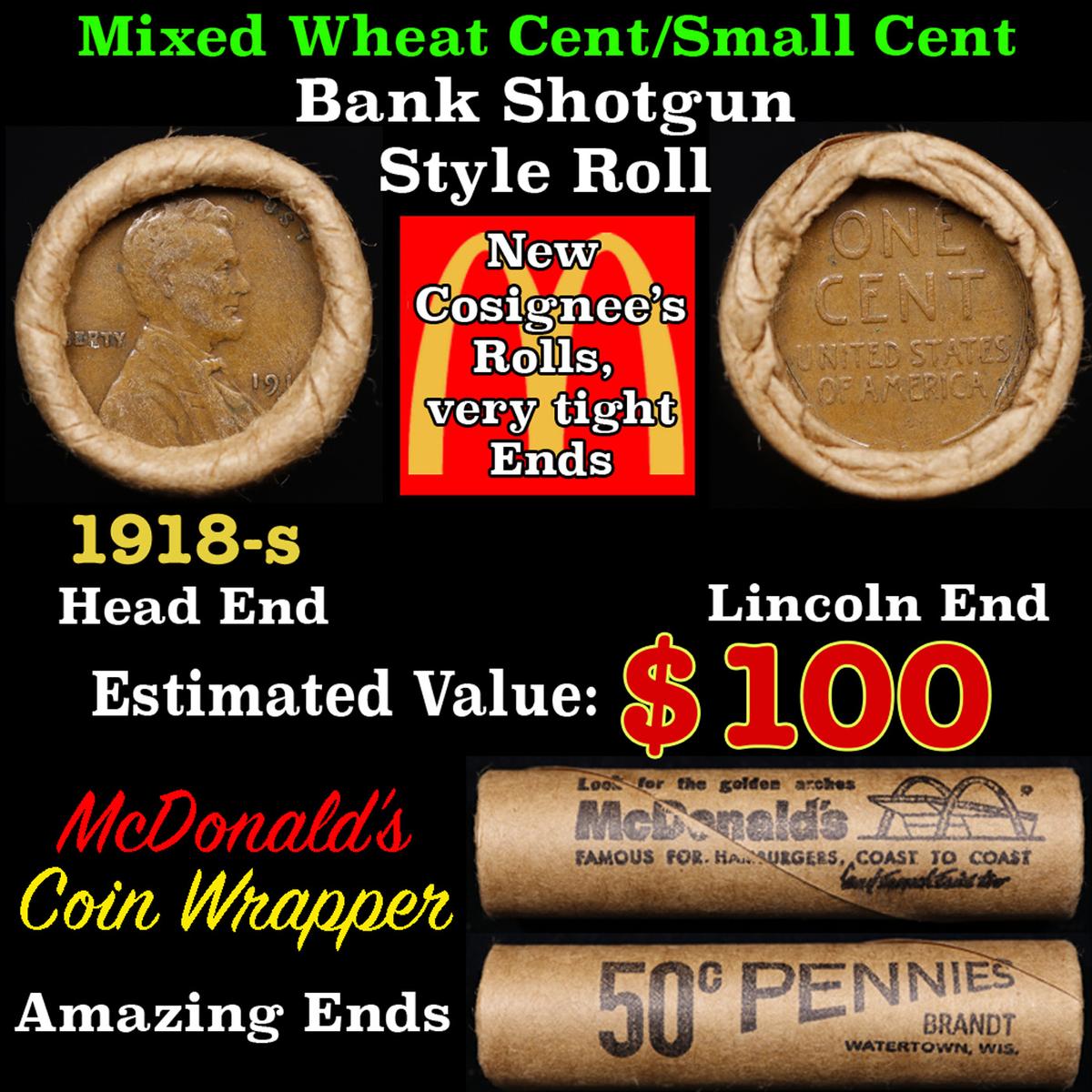 Lincoln Wheat Cent 1c Mixed Roll Orig Brandt McDonalds Wrapper, 1918-s end, Wheat other end