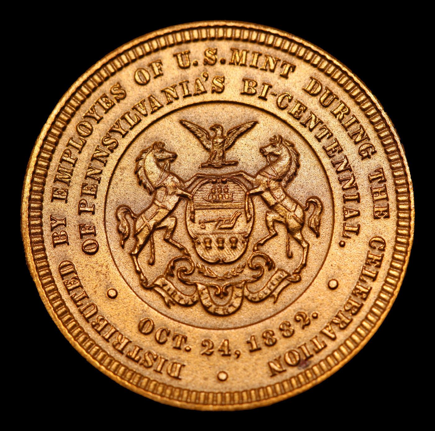 1882 William Penn Medal - US Mint Employees, Pennsylvania Bi-Centennial J-CM-42 Grades GEM Unc