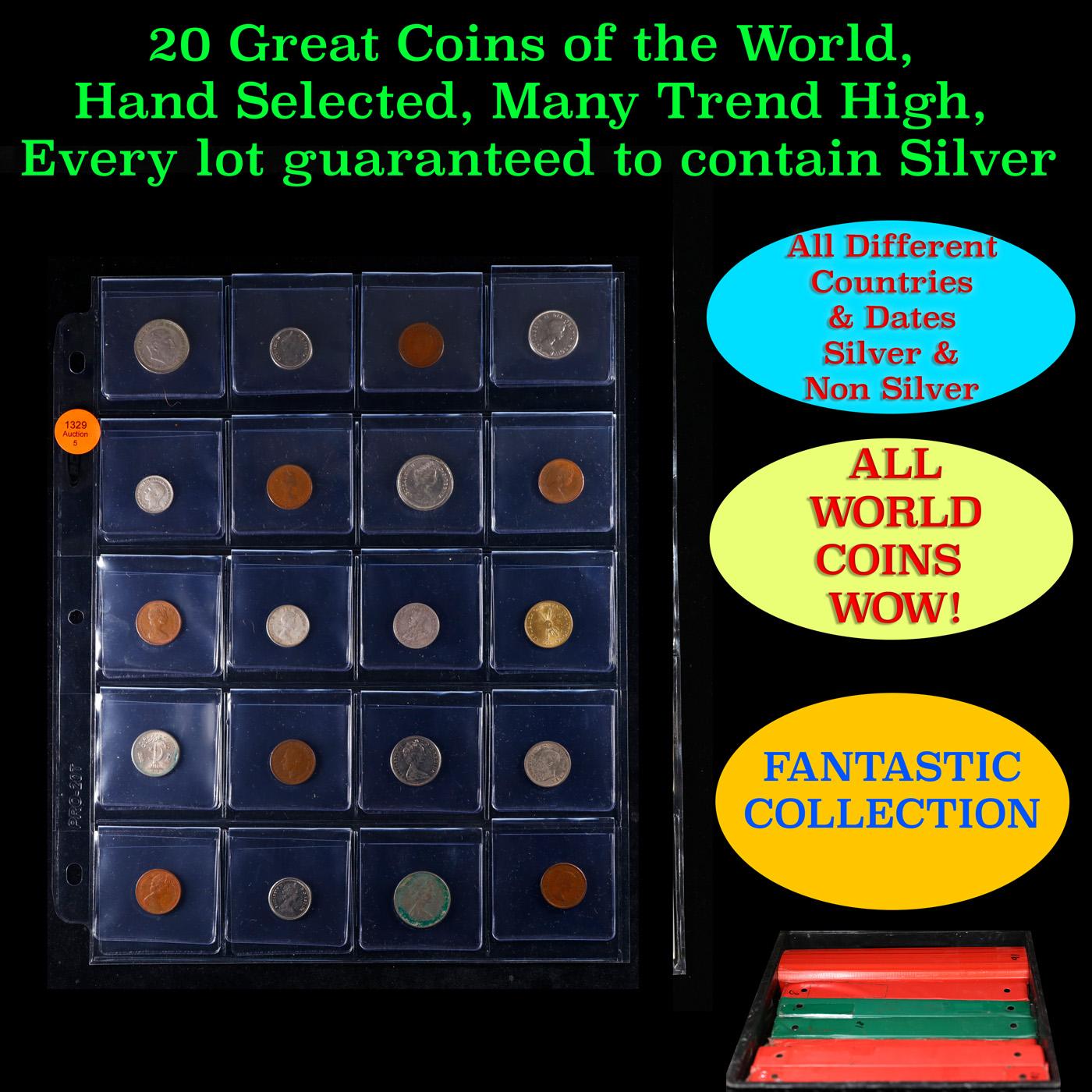 20 Great Coins of the World, hand selected, many trend high, every lot guaranteed to contain Silver.