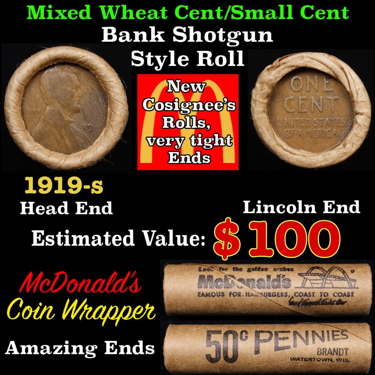 Lincoln Wheat Cent 1c Mixed Roll Orig Brandt McDonalds Wrapper, 1919-s end, Wheat other end