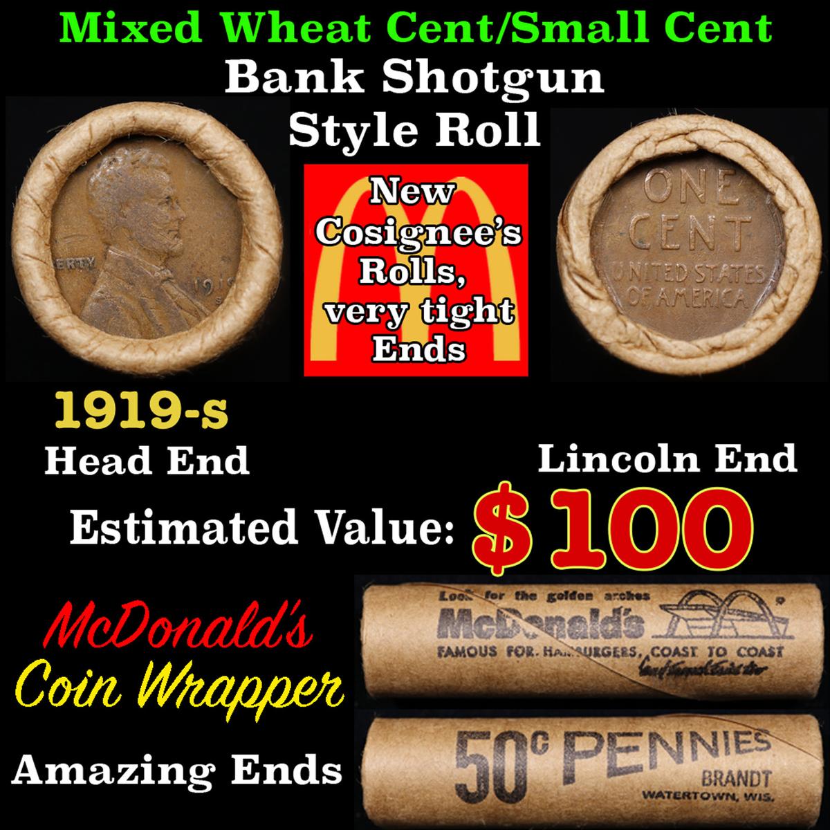 Lincoln Wheat Cent 1c Mixed Roll Orig Brandt McDonalds Wrapper, 1919-s end, Wheat other end