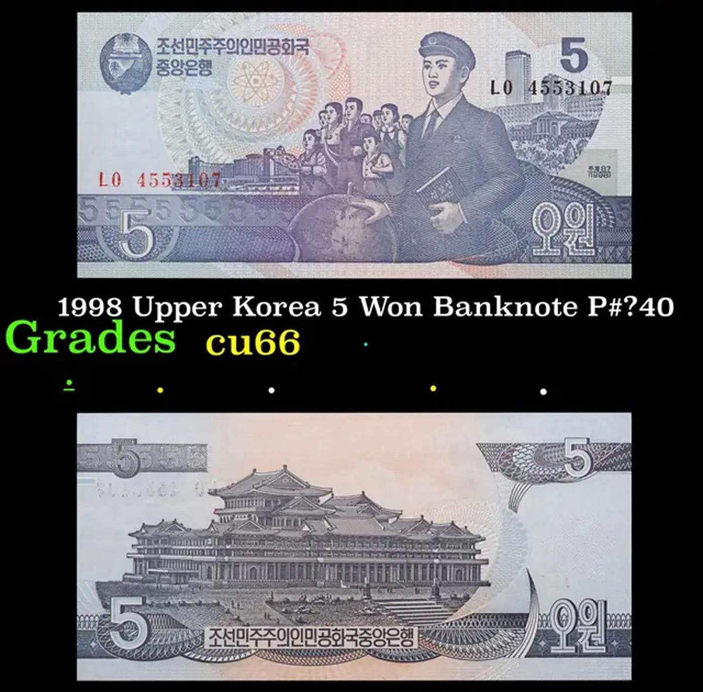 1998 Upper Korea 5 Won Banknote P#?40 Grades Gem+ CU