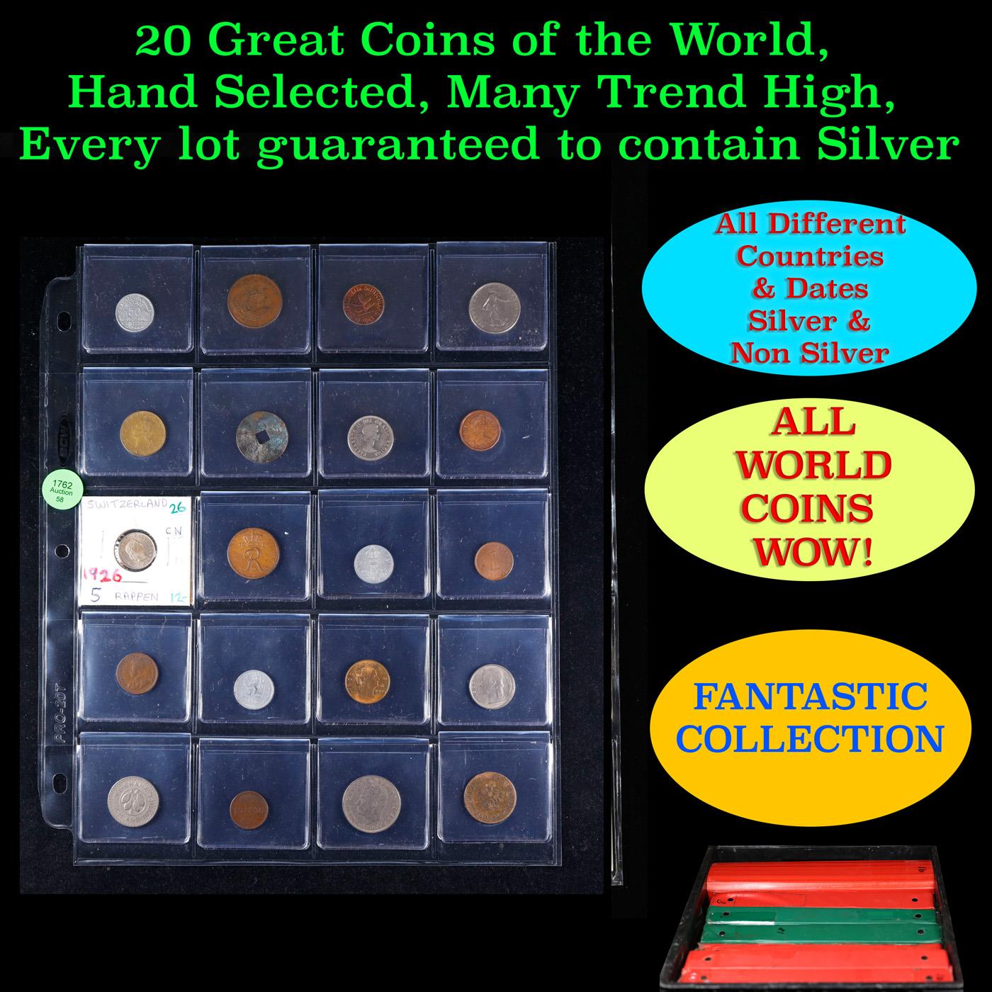 20 Great Coins of the World, hand selected, many trend high, every lot guaranteed to contain Silver.