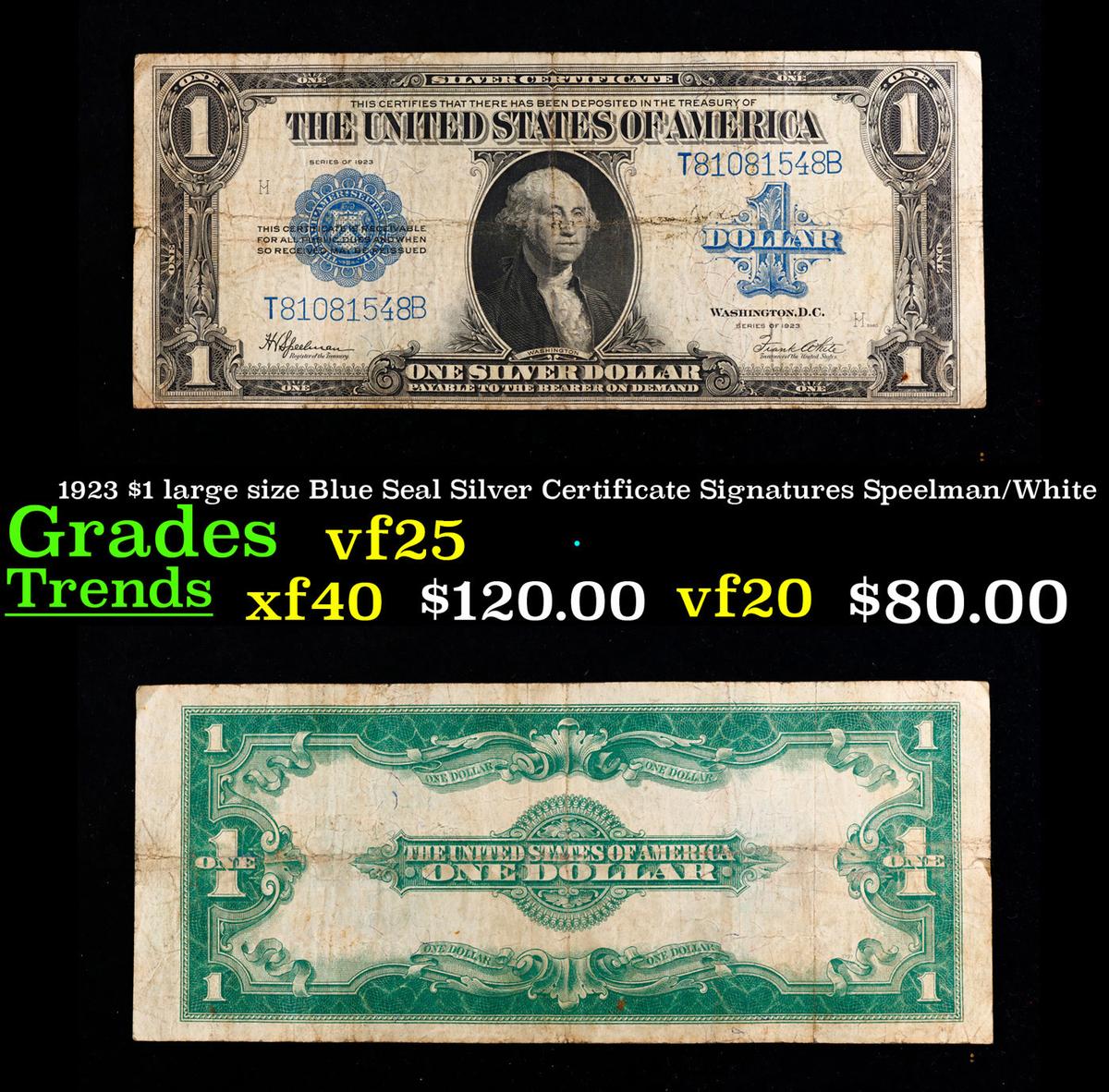 1923 $1 large size Blue Seal Silver Certificate Grades vf+ Signatures Speelman/White