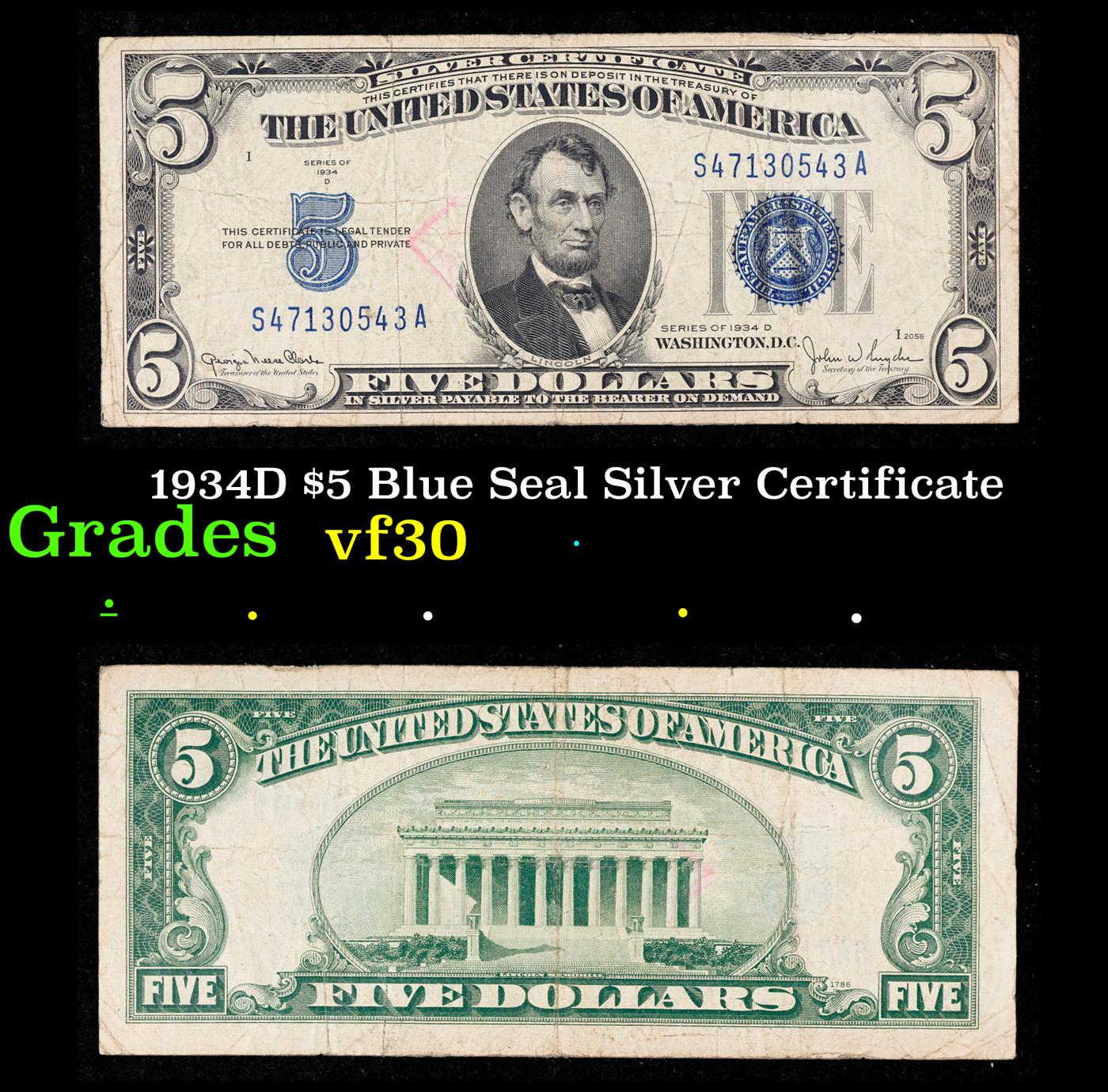 1934D $5 Blue Seal Silver Certificate Grades vf++