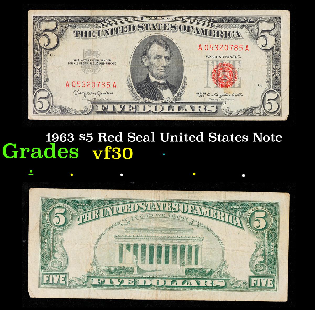 1963 $5 Red Seal United States Note Grades vf++