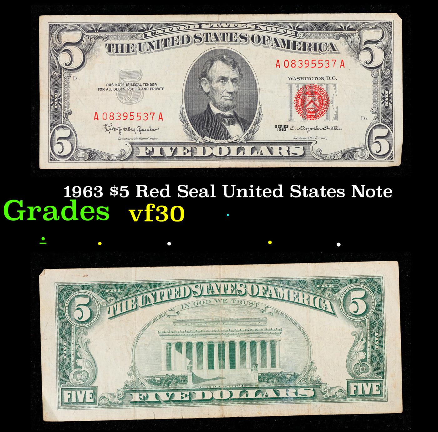 1963 $5 Red Seal United States Note Grades vf++