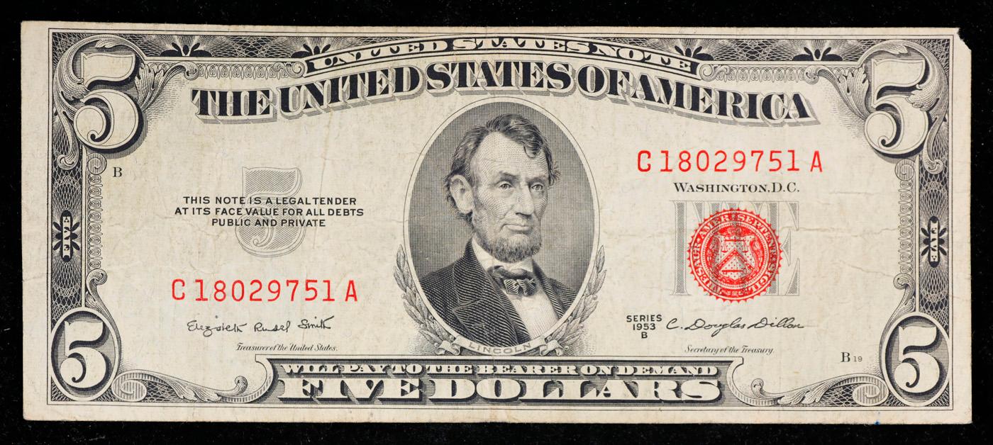 1953B $5 Red Seal United States Note Grades vf++