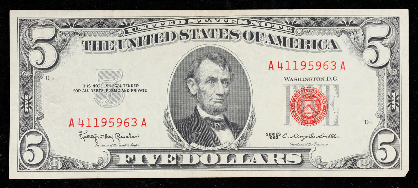 1963 $5 Red Seal United States Note Grades xf