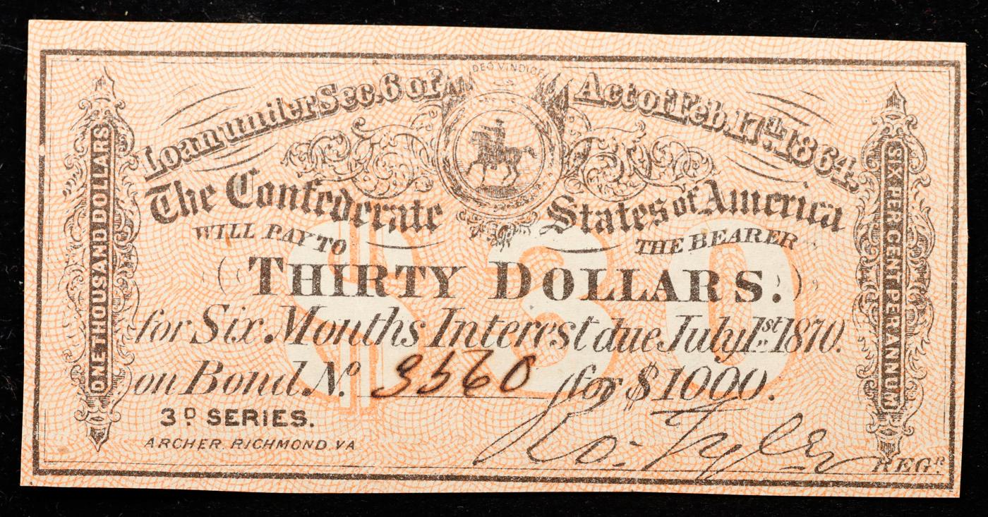 1864 3rd Series Confederate States Thirty Dollars Note Grades Select CU